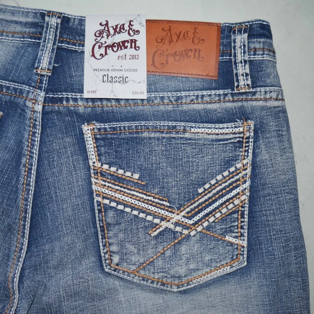 Axe and Crown Embroidered Jean Shorts Men's Size 36 Y2K Thick Stitch Jorts NWT